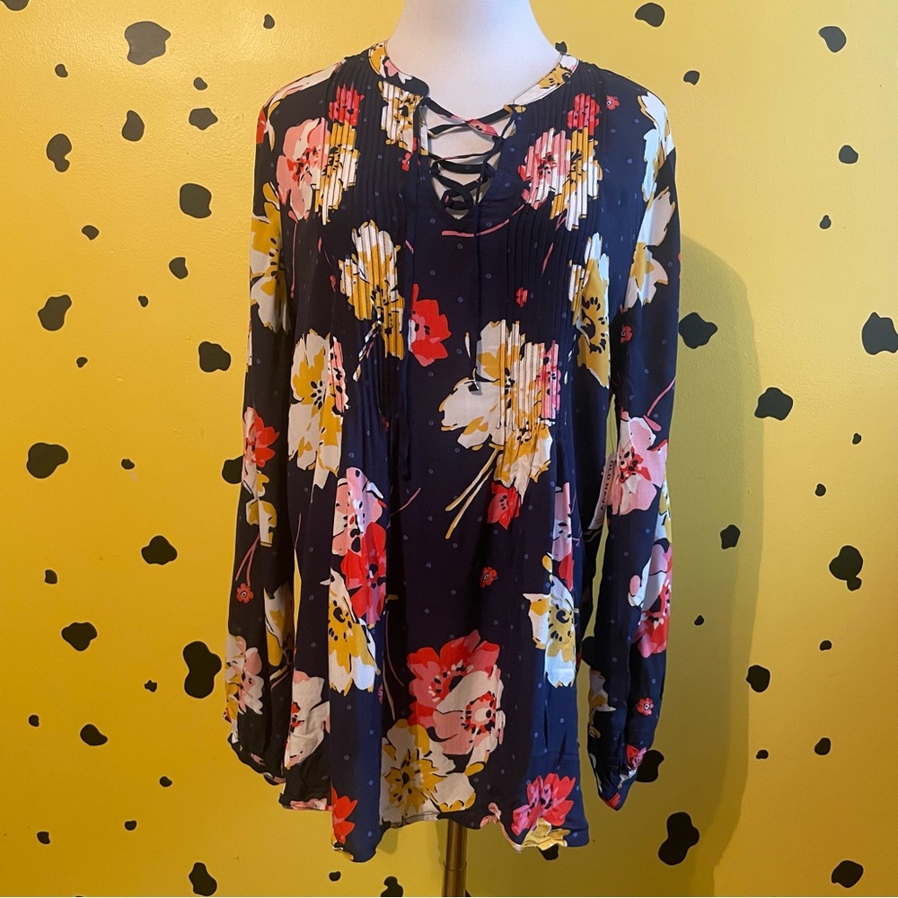 Navy Floral Lace Up Blouse Womens Large Long Sleeve Boho Cottagecore Preppy